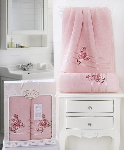 Набор полотенец банных в подарочной упаковке 50х90, 70х140 Karna PAPILON махра хлопок светло-розовый, фото, фотография