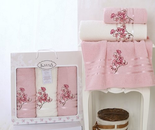 Набор полотенец банных в подарочной упаковке 50х90 2 шт., 70х140 Karna PAPILON махра хлопок светло-розовый, фото, фотография
