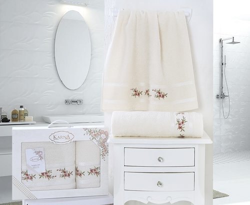 Набор полотенец банных в подарочной упаковке 50х90, 70х140 Karna MONICA махра хлопок кремовый, фото, фотография