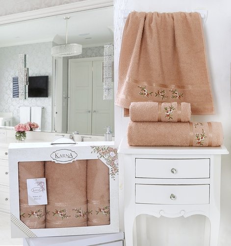 Набор полотенец банных в подарочной упаковке 50х90 2 шт., 70х140 Karna MONICA махра хлопок персиковый, фото, фотография