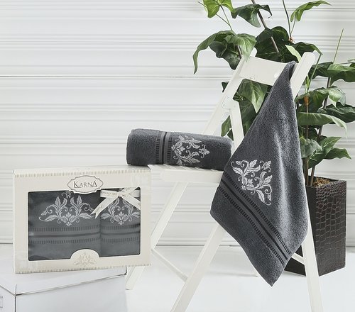 Набор полотенец банных в подарочной упаковке 50х90, 70х140 Karna AGRA махра хлопок тёмно-серый, фото, фотография