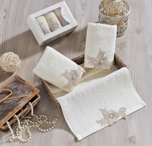 Набор полотенец в подарочной упаковке 30х50 3 шт. Irya PEARLY махра хлопок кремовый, фото, фотография