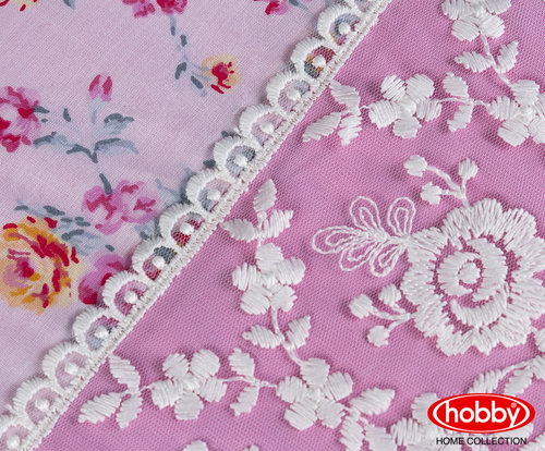 Постельное белье Hobby Home Collection LUISA хлопковый поплин с кружевом розовый евро, фото, фотография