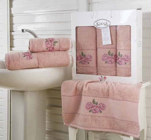 Набор полотенец для ванной 50х90 2 шт., 70х140 Karna HAVIN махра хлопок грязно-розовый, фото, фотография