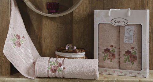 Набор полотенец для ванной 50х90, 70х140 Karna ROSEN махра хлопок светло-абрикосовый, фото, фотография