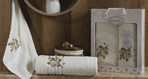 Набор полотенец для ванной 50х90, 70х140 Karna ROSEN махра хлопок кремовый, фото, фотография