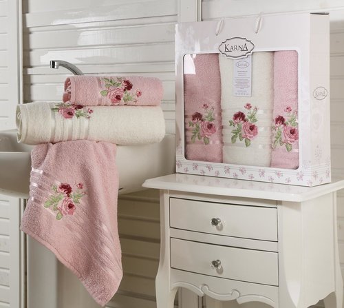 Набор полотенец для ванной 50х90 2 шт., 70х140 Karna ROSEN махра хлопок светло-розовый, фото, фотография