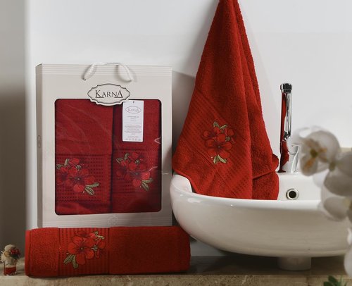 Набор полотенец для ванной 50х90, 70х140 Karna ORKIDE махра хлопок бордовый, фото, фотография