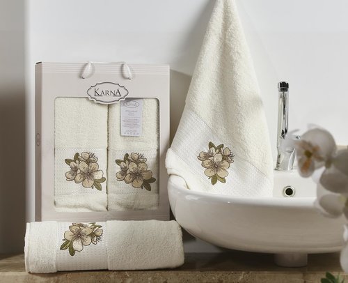 Набор полотенец для ванной 50х90, 70х140 Karna ORKIDE махра хлопок кремовый, фото, фотография