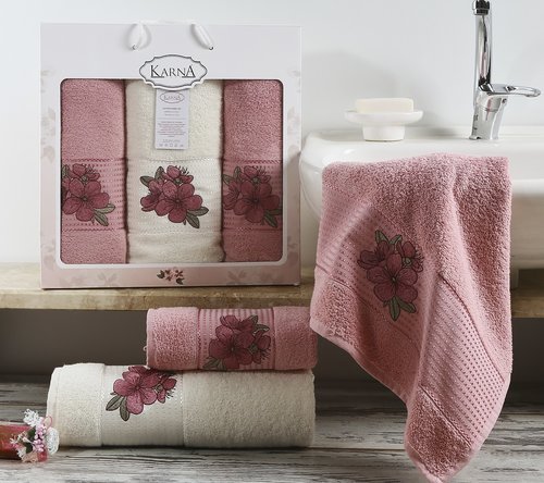 Набор полотенец для ванной 50х90 2 шт., 70х140 Karna ORKIDE махра хлопок розовый, фото, фотография