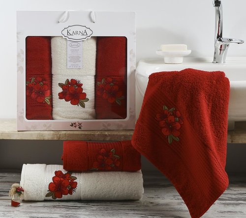 Набор полотенец для ванной 50х90 2 шт., 70х140 Karna ORKIDE махра хлопок бордовый, фото, фотография