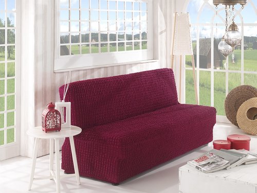 Чехол на диван без юбки и подлокотников Karna бордовый двухместный, фото, фотография
