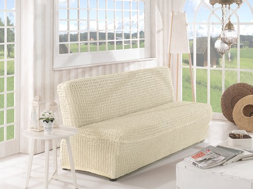 Чехол на диван без юбки и подлокотников Karna кремовый двухместный, фото, фотография