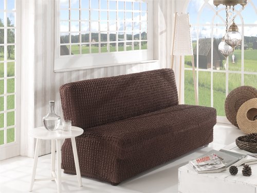 Чехол на диван без юбки и подлокотников Karna коричневый двухместный, фото, фотография