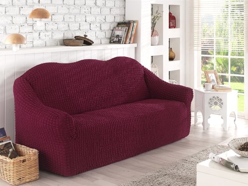 Чехол на диван без юбки Karna бордовый трёхместный, фото, фотография
