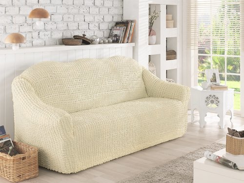 Чехол на диван без юбки Karna кремовый трёхместный, фото, фотография