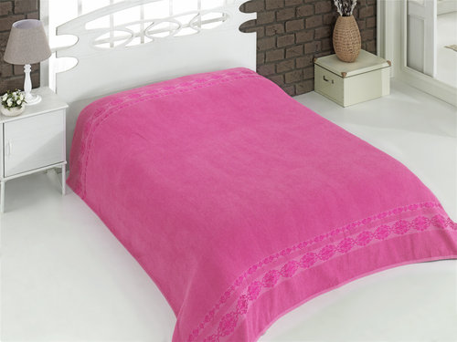 Махровая простынь-покрывало для укрывания Karna REBEKA махра хлопок розовый 160х220, фото, фотография