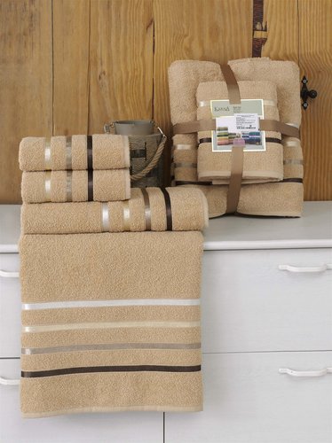 Подарочный набор полотенец для ванной Karna BALE хлопковая махра 50х80 2 шт., 70х140 2 шт. горчичный, фото, фотография