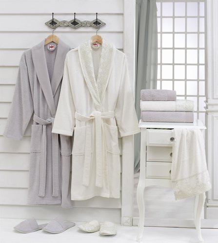 Набор халатов Cotton Box махра бамбук молочный+серый, фото, фотография