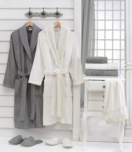 Набор халатов Cotton Box махра бамбук молочный+тёмно-серый, фото, фотография
