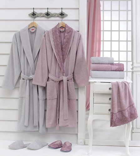 Набор халатов Cotton Box махра бамбук грязно-розовый+серый, фото, фотография
