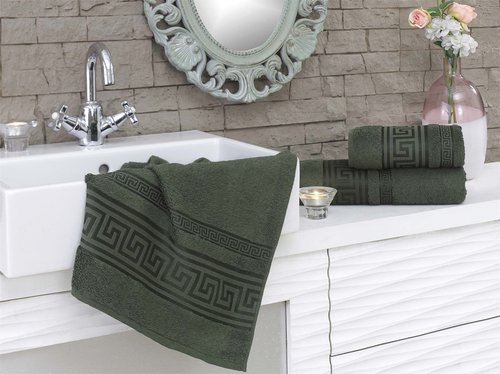 Полотенце для ванной Karna GREK махра бамбук+хлопок тёмно-зелёный 50х90, фото, фотография