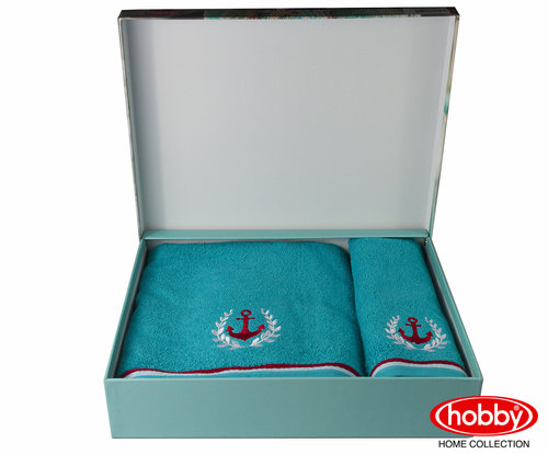 Подарочный набор полотенец для ванной 50х90, 70х140 Hobby Home Collection MARITIM махра хлопок бирюзовый, фото, фотография