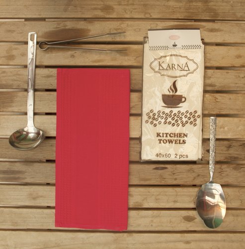 Набор кухонных полотенец Karna MEDLEY хлопковая вафля красный, фото, фотография