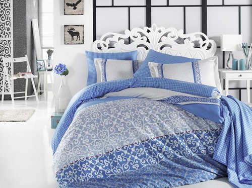 Постельное белье Hobby Home Collection LAURA хлопковый поплин синий евро, фото, фотография