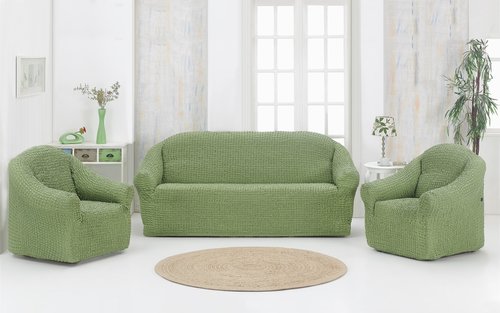 Набор чехлов без юбки на трёхместный диван и кресла 2 шт. Karna зелёный, фото, фотография