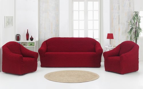 Набор чехлов без юбки на трёхместный диван и кресла 2 шт. Karna бордовый, фото, фотография
