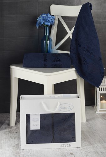 Подарочный набор полотенец для ванной Karna REBEKA 50х90, 70х140 хлопковая махра синий, фото, фотография