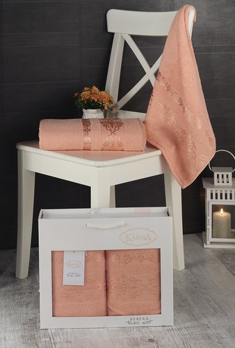 Подарочный набор полотенец для ванной Karna REBEKA 50х90, 70х140 хлопковая махра абрикосовый, фото, фотография