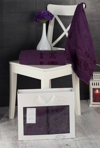 Подарочный набор полотенец для ванной Karna REBEKA 50х90, 70х140 хлопковая махра фиолетовый, фото, фотография