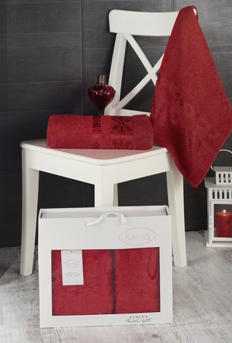Подарочный набор полотенец для ванной Karna REBEKA 50х90, 70х140 хлопковая махра красный, фото, фотография