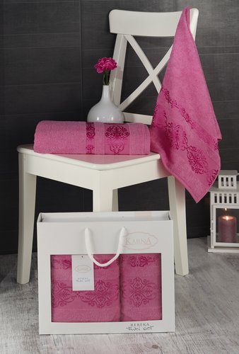Подарочный набор полотенец для ванной Karna REBEKA 50х90, 70х140 хлопковая махра розовый, фото, фотография