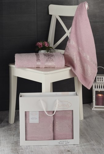 Подарочный набор полотенец для ванной Karna REBEKA 50х90, 70х140 хлопковая махра грязно-розовый, фото, фотография