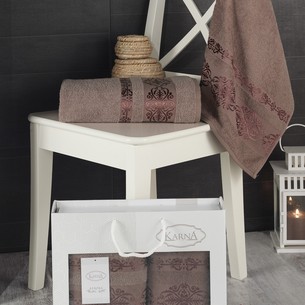 Подарочный набор полотенец для ванной Karna REBEKA 50х90, 70х140 хлопковая махра коричневый