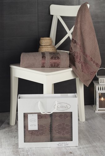 Подарочный набор полотенец для ванной Karna REBEKA 50х90, 70х140 хлопковая махра коричневый, фото, фотография