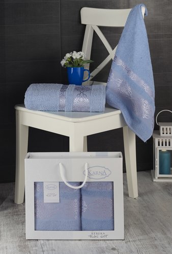 Подарочный набор полотенец для ванной Karna REBEKA 50х90, 70х140 хлопковая махра голубой, фото, фотография