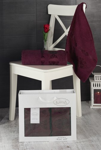Подарочный набор полотенец для ванной Karna REBEKA 50х90, 70х140 хлопковая махра бордовый, фото, фотография