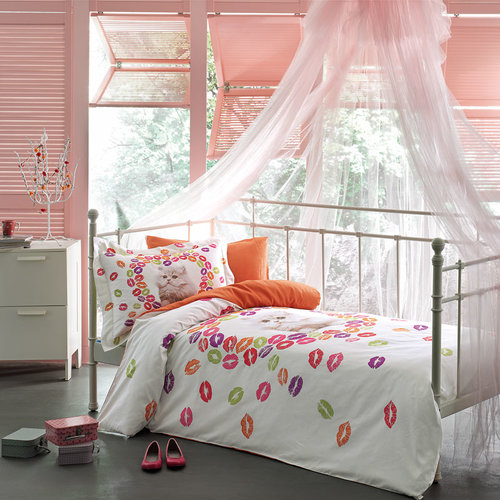 Постельное белье Tivolyo Home KITTY хлопковый люкс-сатин оранжевый 1,5 спальный, фото, фотография