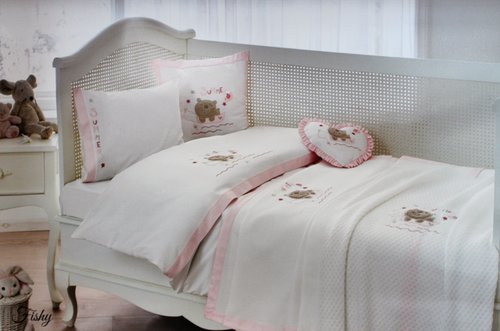 Детское постельное белье для новорожденных с пледом Tivolyo Home FISHY BEBE хлопковый сатин розовый, фото, фотография