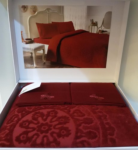 Постельное белье с махровой простынью-покрывалом Tivolyo Home ALFREDO хлопок бордовый евро, фото, фотография