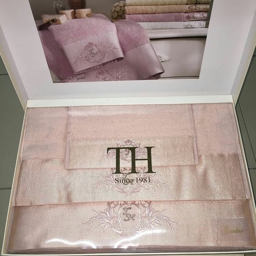 Подарочный набор полотенец для ванной 3 пр. Tivolyo Home CRYSTAL хлопковая махра персиковый, фото, фотография