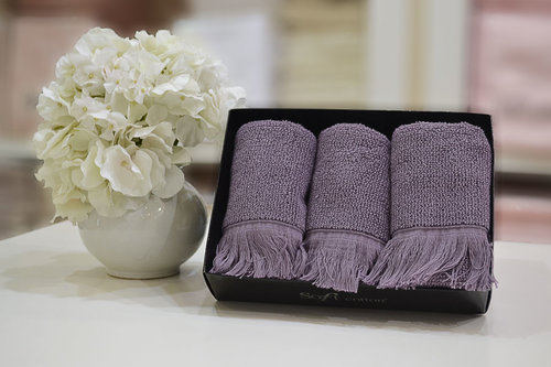 Набор полотенец для ванной в подарочной упаковке 32х50 3 шт. Soft Cotton FRINGE хлопковая махра фиолетовый, фото, фотография