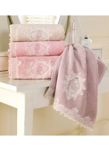 Набор полотенец для ванной в подарочной упаковке 32х50, 50х100, 85х150 Soft Cotton DESTAN хлопковая махра лиловый, фото, фотография