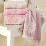 Набор полотенец для ванной в подарочной упаковке 32х50 3 шт. Soft Cotton DESTAN хлопковая махра тёмно-розовый, фото, фотография