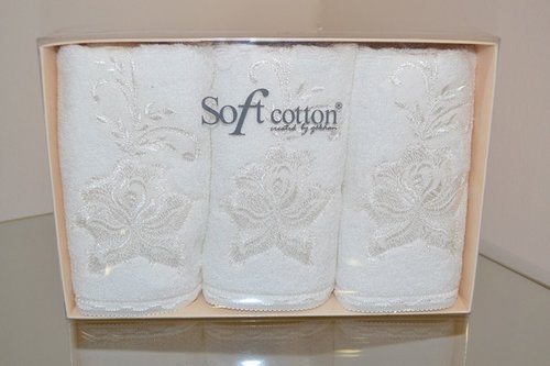 Набор полотенец для ванной в подарочной упаковке 32х50 3 шт. Soft Cotton PANDORA хлопковая махра кремовый, фото, фотография