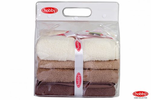 Набор полотенец для ванной в подарочной упаковке 4 шт. Hobby Home Collection RAINBOW хлопковая махра коричневый 50х90 4 шт., фото, фотография